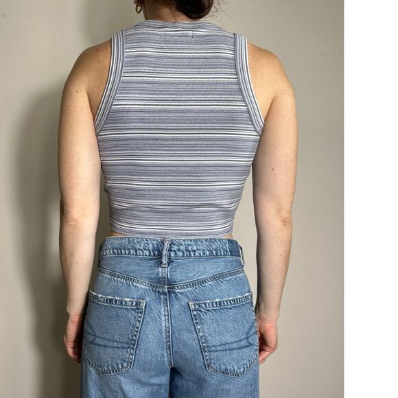 Madewell Supima Rib Cutawat Crop Tank in Blue White Stripe Size Medium NWT - Picture 3 of 7